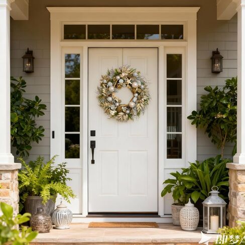 22 Inch Champagne Gold & Silver Seashell Wreath for Front Door, Coastal Summer Wreath with Natural Starfish, Abalone and Sand Dollars, Under The Sea Theme for Indoor Outdoor Decor in Saudi Arabia