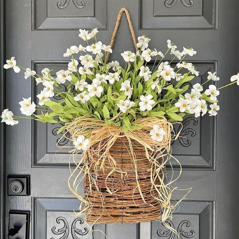 Door Hanger Basket Wreath,Spring Summer Wreaths for Front Door,Artificial Hanging Basket Farmhouse Floral Door Decor,Rustic Wildflower Garland for Home Porch Entryway Wall Decoration (B) in Saudi Arabia
