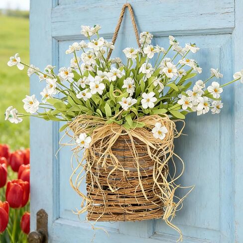 Door Hanger Basket Wreath,Spring Summer Wreaths for Front Door,Artificial Hanging Basket Farmhouse Floral Door Decor,Rustic Wildflower Garland for Home Porch Entryway Wall Decoration (B) in Saudi Arabia