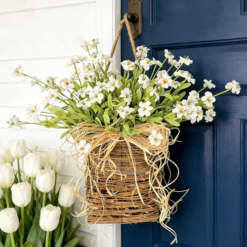 Door Hanger Basket Wreath,Spring Summer Wreaths for Front Door,Artificial Hanging Basket Farmhouse Floral Door Decor,Rustic Wildflower Garland for Home Porch Entryway Wall Decoration (B) in Saudi Arabia