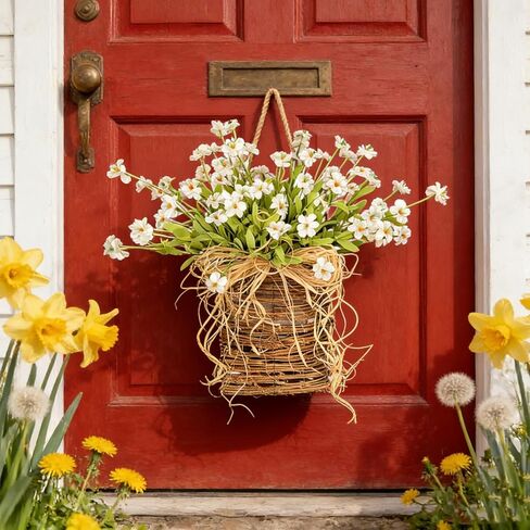 Door Hanger Basket Wreath,Spring Summer Wreaths for Front Door,Artificial Hanging Basket Farmhouse Floral Door Decor,Rustic Wildflower Garland for Home Porch Entryway Wall Decoration (B) in Saudi Arabia