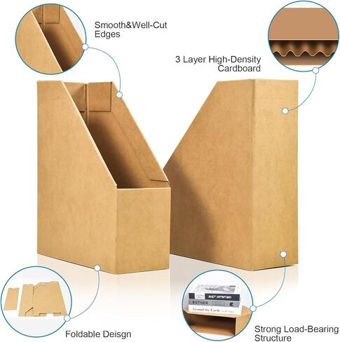 Marte Vanci Cardboard Magazine File Holder, Foldable Documents Storage Organizer Box, Sturdy Cardboard Magazine Rack for Home, School, Office(3 Packs, Brown) in Kuwait