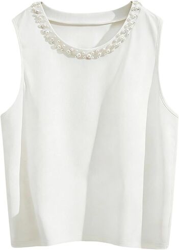 GORGLITTER Women's Pearl Embellished Tank Top Cropped Crewneck Sleeveless Loose Causal Coquette Shirts in Saudi Arabia