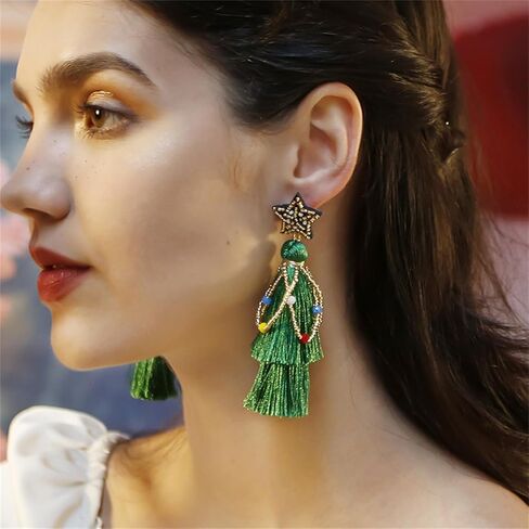 Christmas Tassel Earrings for Women Girls Handmade Cute Long Lightweight Jingle Bell Beads Christmas Tree Dangle Drop Festive Gifts Holiday Jewelry Gifts (Christmas Tassel Earrings) in Saudi Arabia