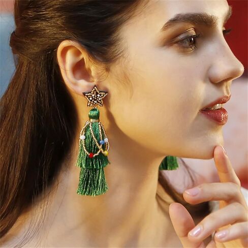 Christmas Tassel Earrings for Women Girls Handmade Cute Long Lightweight Jingle Bell Beads Christmas Tree Dangle Drop Festive Gifts Holiday Jewelry Gifts (Christmas Tassel Earrings) in Saudi Arabia