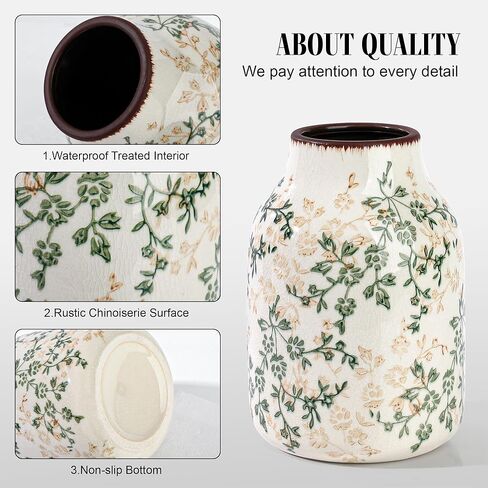 مزهرية سيراميك ريفية باللونين البيج والأخضر، مزهرية تزيينية مصنوعة يدويًا لبيت المزرعة، سهلة التنظيف مثالية لزهور الزفاف أو ديكور الرف 8 بوصة in Kuwait