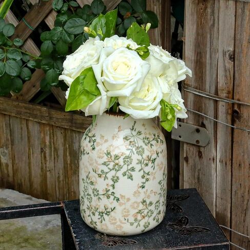 مزهرية سيراميك ريفية باللونين البيج والأخضر، مزهرية تزيينية مصنوعة يدويًا لبيت المزرعة، سهلة التنظيف مثالية لزهور الزفاف أو ديكور الرف 8 بوصة in Kuwait