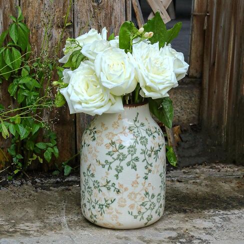مزهرية سيراميك ريفية باللونين البيج والأخضر، مزهرية تزيينية مصنوعة يدويًا لبيت المزرعة، سهلة التنظيف مثالية لزهور الزفاف أو ديكور الرف 8 بوصة in Kuwait