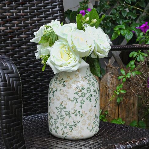 مزهرية سيراميك ريفية باللونين البيج والأخضر، مزهرية تزيينية مصنوعة يدويًا لبيت المزرعة، سهلة التنظيف مثالية لزهور الزفاف أو ديكور الرف 8 بوصة in Kuwait