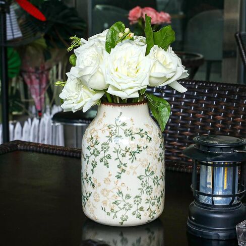 مزهرية سيراميك ريفية باللونين البيج والأخضر، مزهرية تزيينية مصنوعة يدويًا لبيت المزرعة، سهلة التنظيف مثالية لزهور الزفاف أو ديكور الرف 8 بوصة in Kuwait