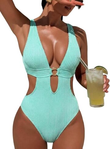 Women Sexy High Cut Cheeky One Piece Swimsuits Monokini Plunge V Neck Cutout Bathing Suit Beach Pool Party Rave Outfits in Saudi Arabia