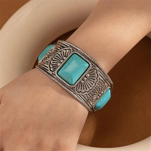 WCRAZYE Turquoise Cuff Bracelet for Men Women Handmade Boho Antique South Western Country Cowgirl Bangle Bracelets Bohemian Stackable Handmade Gemstone Bangle Christmas Birthday Gift in Saudi Arabia