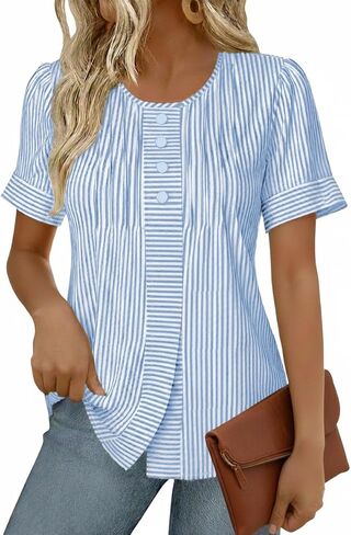 تي شيرت حريمي مخطط مطوي أنيق كاجوال صيفي بأكمام قصيرة ورقبة واسعة وزر بلوزة تي شيرت in Kuwait