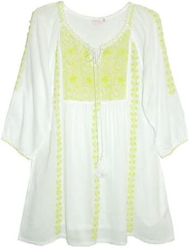 LA CERA 3/4 Sleeve Cotton Embroidered Button Down Tunic Blouse in Saudi Arabia