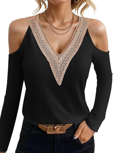 سترة علوية نسائية بأكتاف باردة، بلوزة مزخرفة بالدانتيل ورقبة على شكل حرف V، قمصان مجوفة مثيرة وأكمام طويلة، عصرية وغير رسمية in Kuwait