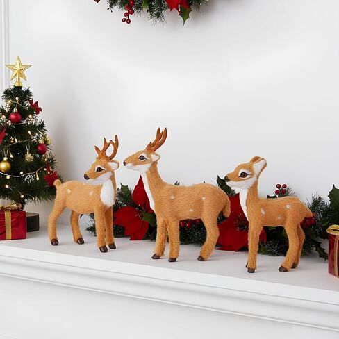 3 Pcs Christmas Reindeer Decor, Festive Holiday Decorations, Rustic Elk Ornaments, Handcrafted Tabletop Decor for Home, Office, Fireplace, Mantle (Brown) in Kuwait