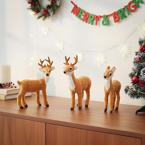 3 Pcs Christmas Reindeer Decor, Festive Holiday Decorations, Rustic Elk Ornaments, Handcrafted Tabletop Decor for Home, Office, Fireplace, Mantle (Brown) in Kuwait