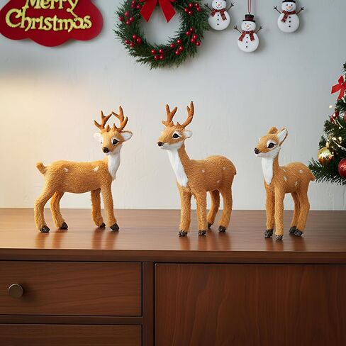3 Pcs Christmas Reindeer Decor, Festive Holiday Decorations, Rustic Elk Ornaments, Handcrafted Tabletop Decor for Home, Office, Fireplace, Mantle (Brown) in Kuwait