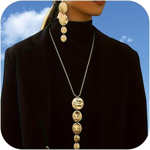 Chunky Gold Necklace Earring Set for Women Exaggerated Geometric Hammered Earrings Pendant Necklaces Trendy Jewelry Set for Party in Saudi Arabia