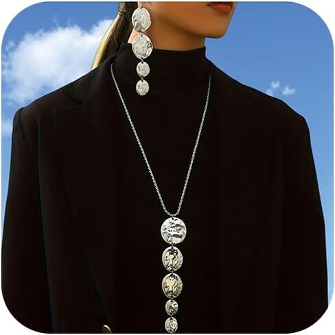 Chunky Gold Necklace Earring Set for Women Exaggerated Geometric Hammered Earrings Pendant Necklaces Trendy Jewelry Set for Party in Saudi Arabia