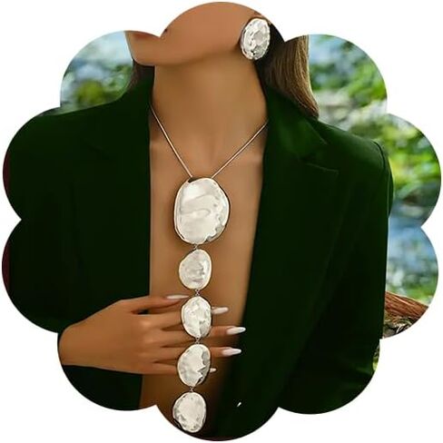 Chunky Gold Necklace Earring Set for Women Exaggerated Geometric Hammered Earrings Pendant Necklaces Trendy Jewelry Set for Party in Saudi Arabia