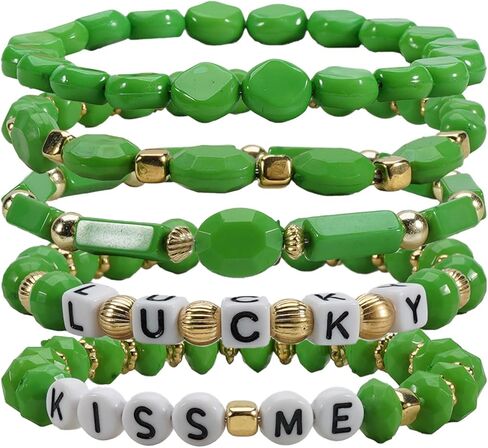 St. Patrick's Day Bracelet for Women - Green & Gold Stackable Stretch Bracelet with Lucky Clover Charm, Boho Irish Jewelry Gift in Kuwait