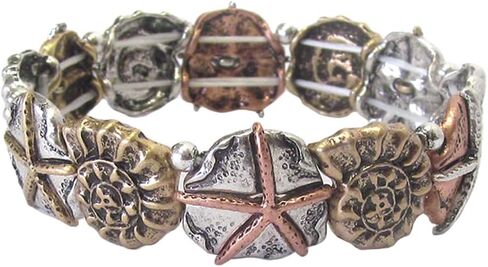 Fashion Jewelry ~ Vintage Style Metal Starfish Shell Link Stretch Bracelet Tri-tone in Saudi Arabia