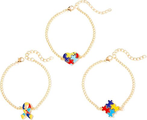 coadipress 3 Pcs Autism Awareness Bracelets Colorful Puzzle Heart Ribbon Charm Bracelets Crystal Beaded Chain Stretchable Jewelry for Autism Support Gifts for ASD Advocates in Saudi Arabia