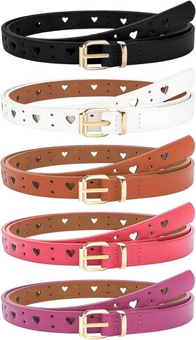 NEWITIN 5 Pieces Girls Belt Durable PU Leather Belts Metal Buckle Heart Circle Hole Youth Toddler Belt for Uniform Casual in Saudi Arabia