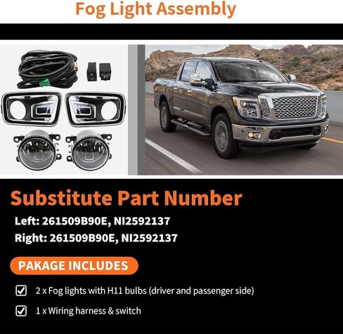 Pair Fog Lights Assembly Compatible with 2017-2018 Titan & 2016-2019 Titan XD Front Fog Lamp with H11 12V 55W Bulbs and Wiring Switch Driver and Passenger Side 62257EZ02B 62256EZ02B in Saudi Arabia