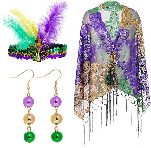 Sucrain Mardi Gras Costume Accessories with Poncho Feather Headband, Shawl Scarf Poncho and Earrings for Women Sequins Outfit Carnival Party Supplies in Saudi Arabia