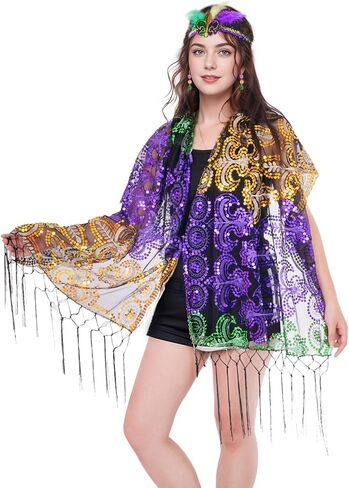 Sucrain Mardi Gras Costume Accessories with Poncho Feather Headband, Shawl Scarf Poncho and Earrings for Women Sequins Outfit Carnival Party Supplies in Saudi Arabia