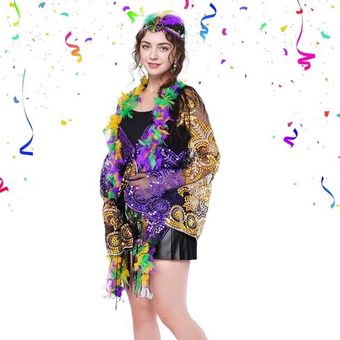Sucrain Mardi Gras Costume Accessories with Poncho Feather Headband, Shawl Scarf Poncho and Earrings for Women Sequins Outfit Carnival Party Supplies in Saudi Arabia