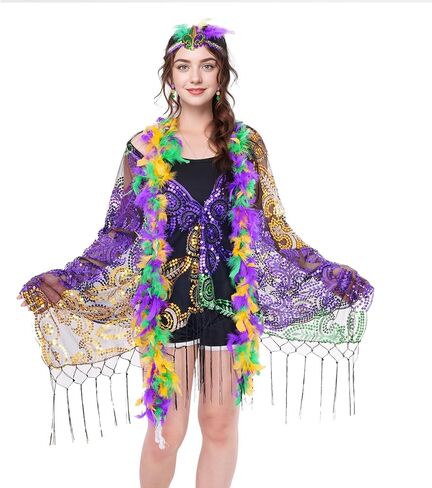 Sucrain Mardi Gras Costume Accessories with Poncho Feather Headband, Shawl Scarf Poncho and Earrings for Women Sequins Outfit Carnival Party Supplies in Saudi Arabia