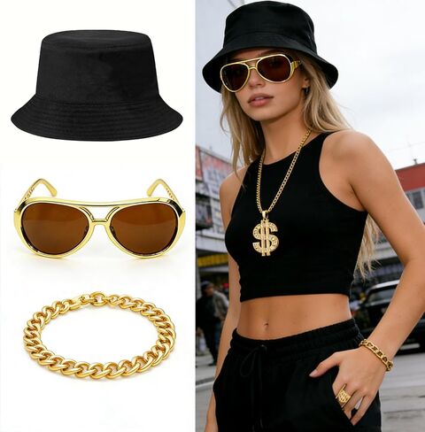 Hip Hop Costume Kit 80s 90s Rapper Accessories for Men Women Cosplay Yellow in Saudi Arabia