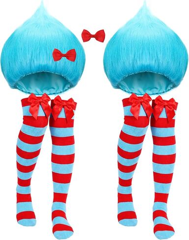 2Sets Blue Thing Costume Set Blue Thing Wig Red Bow Striped Socks Cosplay Accessories for World Book Day Adults in Saudi Arabia