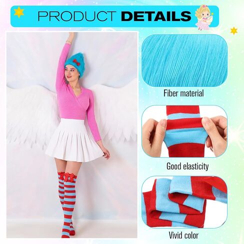 2Sets Blue Thing Costume Set Blue Thing Wig Red Bow Striped Socks Cosplay Accessories for World Book Day Adults in Saudi Arabia