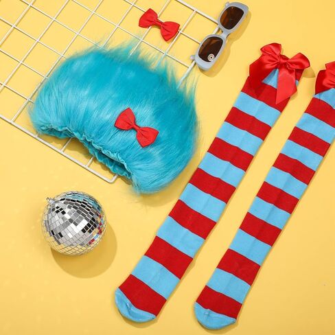 2Sets Blue Thing Costume Set Blue Thing Wig Red Bow Striped Socks Cosplay Accessories for World Book Day Adults in Saudi Arabia