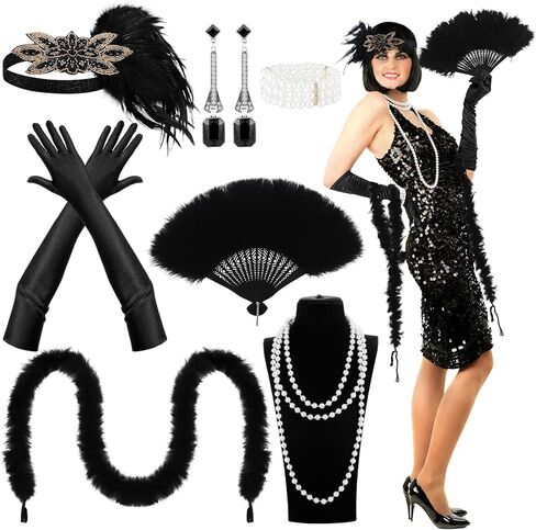1920s Flapper زي الملحقات للنساء 20s مجموعة مجوهرات مع ريشة غطاء الرأس هامش شال مروحة قفازات اللؤلؤ قلادة القرط لعصابة موضوع 20s 2026 السنة الجديدة ماردي غرا in Saudi Arabia