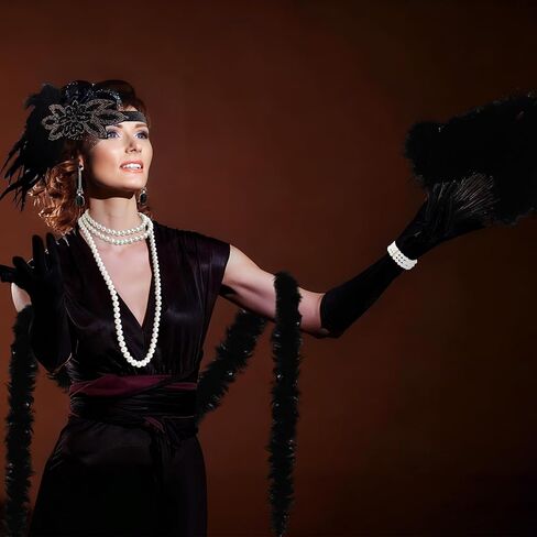 1920s Flapper زي الملحقات للنساء 20s مجموعة مجوهرات مع ريشة غطاء الرأس هامش شال مروحة قفازات اللؤلؤ قلادة القرط لعصابة موضوع 20s 2026 السنة الجديدة ماردي غرا in Saudi Arabia