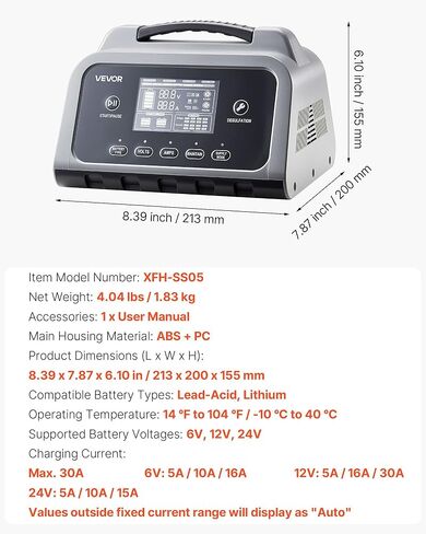 VEVOR Smart Battery Charger, 30A, 6V 12V 24V LiFePO4 Lead-Acid (Gel/AGM) Lithium Car Battery Charger, with LCD Display, Trickle Charging Maintainer Desulfator, for Car, Boat, Motorcycle, Lawn Mowers in Saudi Arabia
