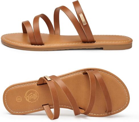 Trary Women's Flat Sandals, Round Open Toe Multi Strap Slide Sandals with Metal Accent, Strappy Dressy Summer Flip Flops Comfortable Casual Beach Shoes for Women in Saudi Arabia
