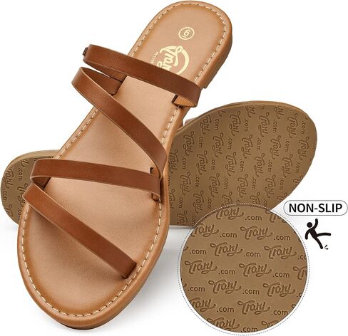 Trary Women's Flat Sandals, Round Open Toe Multi Strap Slide Sandals with Metal Accent, Strappy Dressy Summer Flip Flops Comfortable Casual Beach Shoes for Women in Saudi Arabia