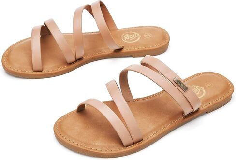 Trary Women's Flat Sandals, Round Open Toe Multi Strap Slide Sandals with Metal Accent, Strappy Dressy Summer Flip Flops Comfortable Casual Beach Shoes for Women in Saudi Arabia