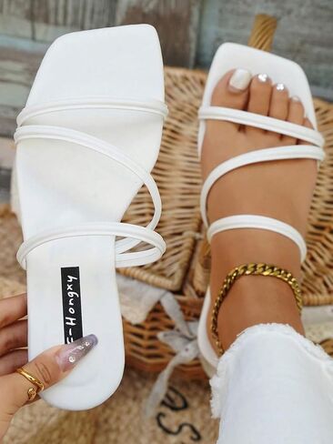Women's White Wraparound Multi-Thin Strap Square Toe Mule Slides, Lightweight Slip-On Flat Sandals for Summer Daily & Beach in Saudi Arabia