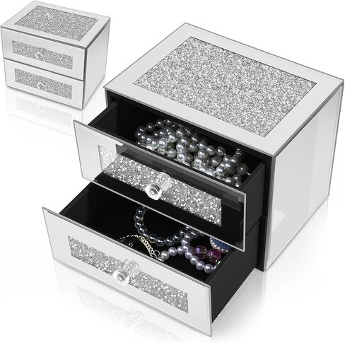 Kenning Silver Jewelry Box 2 Layer Glass Box for Women Crystal Jewelry Organizer Storage Luxury Necklaces Earrings Rings Bracelets Organizer for Gift Decoration in Saudi Arabia