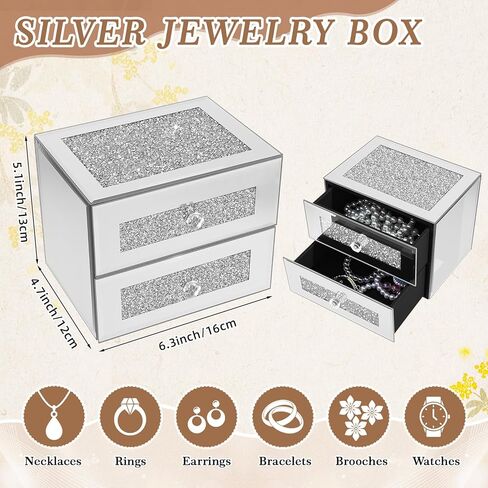 Kenning Silver Jewelry Box 2 Layer Glass Box for Women Crystal Jewelry Organizer Storage Luxury Necklaces Earrings Rings Bracelets Organizer for Gift Decoration in Saudi Arabia