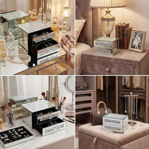 Kenning Silver Jewelry Box 2 Layer Glass Box for Women Crystal Jewelry Organizer Storage Luxury Necklaces Earrings Rings Bracelets Organizer for Gift Decoration in Saudi Arabia