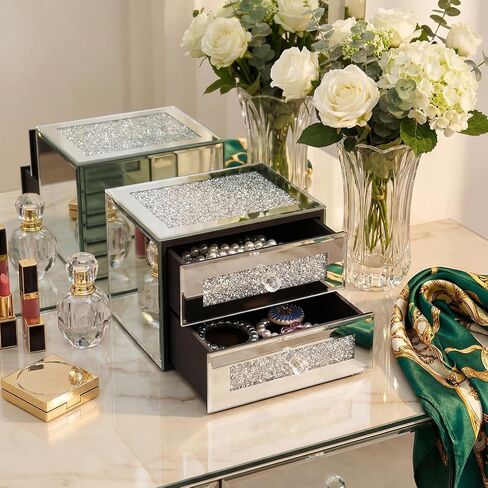 Kenning Silver Jewelry Box 2 Layer Glass Box for Women Crystal Jewelry Organizer Storage Luxury Necklaces Earrings Rings Bracelets Organizer for Gift Decoration in Saudi Arabia