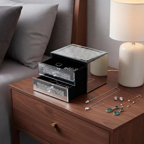 Kenning Silver Jewelry Box 2 Layer Glass Box for Women Crystal Jewelry Organizer Storage Luxury Necklaces Earrings Rings Bracelets Organizer for Gift Decoration in Saudi Arabia